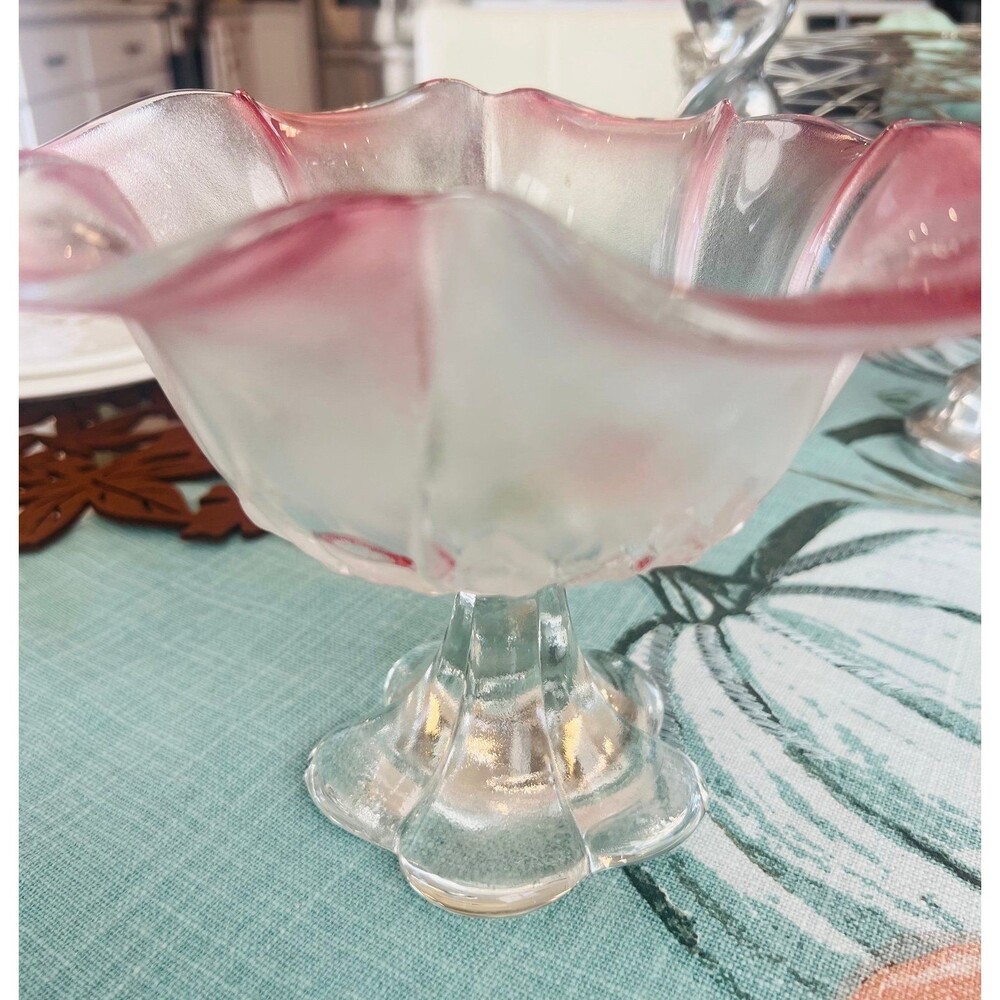 Vintage Pink Depression Footed Glass Bowl Scalloped Edges 5 3/4 Inches Tall